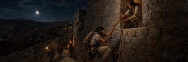 Michal helping David descend by rope as Saul’s guards approach